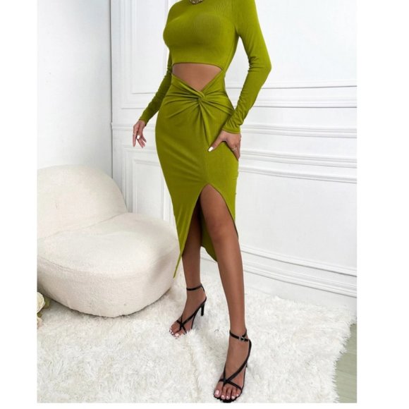 Cut Out Twist Front Slit Thigh Bodycon Lime Green Dress - Picture 6 of 6